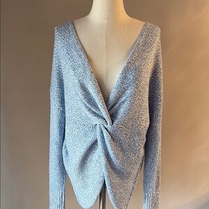 LOFT Blue white Knit sweater knot crop front layering  deep V relax L not heavy